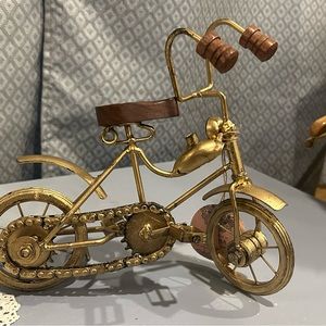 Bike Bicycle Gold Metal Sculpture Decor Wood Seats & Handle Grips Real Chain NWT
